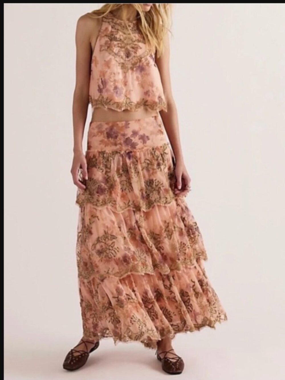 Free People Maple Glow Maxi Skirt Set Beaded Floral Top Ruffle Mesh Sheer Boho
